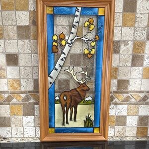 Stained Glass Elk Panel with Wooden Frame